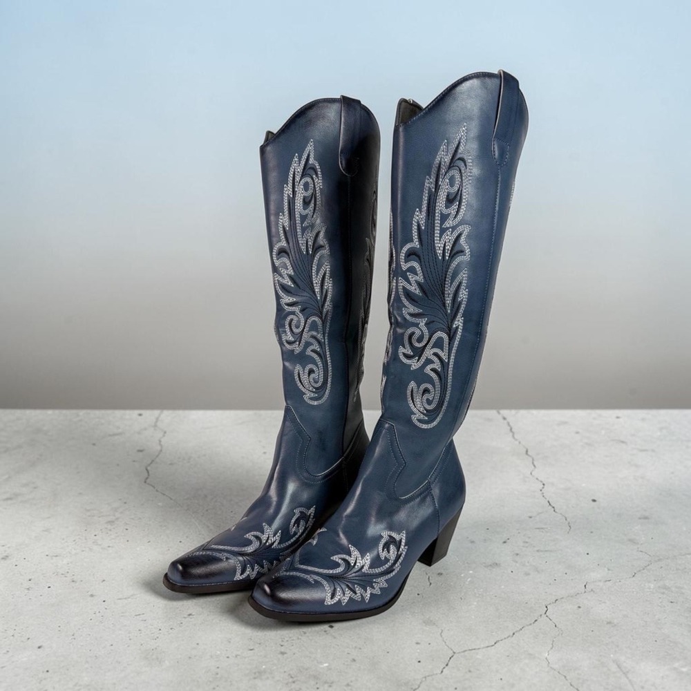 Slate Blue Embroidered Western Tall Boots Pointed Toe Block Heel EU 41 US 9.5